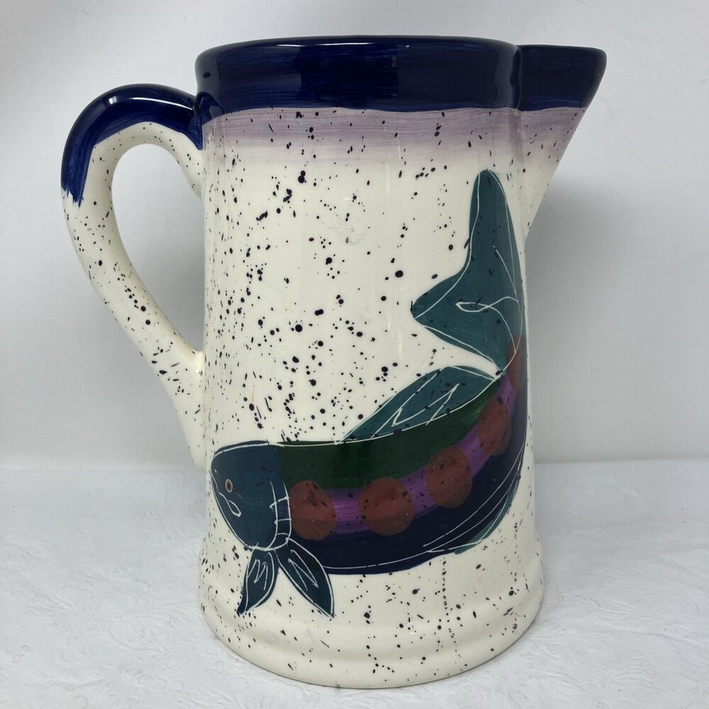 OTAGIRI SHORELINES By Julie Ueland 8.5" Earthenware Pitcher Fish ENESCO 1996